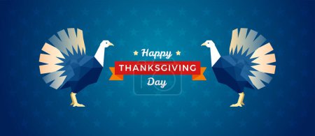 Téléchargez les illustrations : Fond vectoriel bannière Thanksgiving avec des dindes de Thanksgiving mignonnes et lettrage Happy Thanksgiving Day - en licence libre de droit