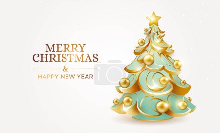 Illustration for Christmas winter background with 3d green Christmas tree, elegant golden decorations, gold balls and star - Merry christmas and Happy New Year vector illustration in modern style - Royalty Free Image