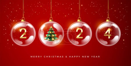 Téléchargez les illustrations : Conception de Noël 2024 et Bonne Année - chiffres 2024 dans les boules de Noël, neige brillante sur fond rouge - illustration vectorielle pour l'affiche de Noël, bannière, site en-tête - en licence libre de droit