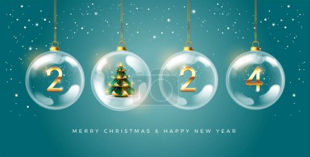 Illustration for Christmas banner. Xmas Horizontal background with Golden 2024 numbers and Christmas tree in glass balls hang on ribbon. Christmas poster, greeting cards, header or profile cover - Royalty Free Image