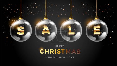 Illustration for Luxury Christmas Sale template banner. Black background Xmas design with Sale text inside of transparent Christmas balls, glitter gold confetti flying. Horizontal christmas design - vector - Royalty Free Image