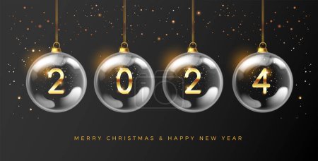 Illustration for 2024 New Year elegant card design in gold and black colors - 2024 numbers in transparent balls hanging, flying golden confetti. Perfect for holiday greetings, invitations, Christmas and New Year party - Royalty Free Image