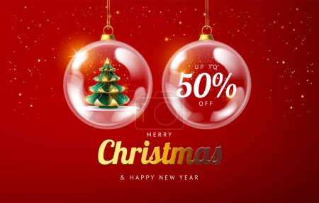 Téléchargez les illustrations : Joyeux Noël vente affiche de promotion bannière avec arbre de Noël et 50 % de réduction dans un verre brillant boules de Noël illustration vectorielle rouge et or fond de couleur - en licence libre de droit