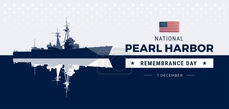 Pearl Harbor Remembrance Day background with a powerful warship, Pearl Harbor day lettering and the United States flag - vector Illustration