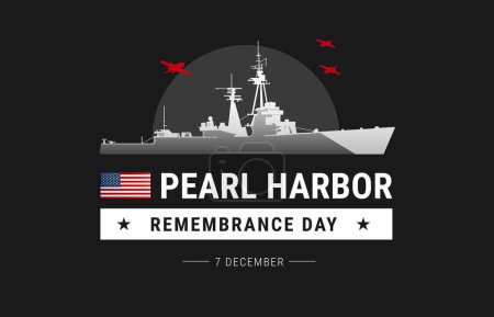 Ilustración de Pearl Harbor Attack Memorial Remembrance Day con un acorazado y aviones sobre fondo negro - ilustración vectorial perfecta para Pearl Harbor banner conceptual, cartel, encabezado web, portada - Imagen libre de derechos
