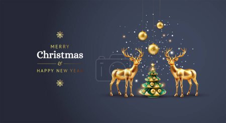 Téléchargez les illustrations : Carte de Noël élégante avec cerfs de Noël dorés et sapin de Noël sur fond bleu foncé, neige et décorations dorées - illustration vectorielle - en licence libre de droit