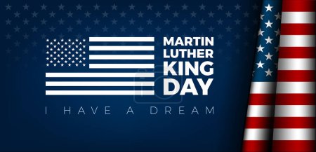 Ilustración de Martin Luther King Jr. Diseño de tarjetas de felicitación tipográfica del día. MLK Day lettering cita inspiradora, bandera de EE.UU., fondo vector azul oscuro - Tengo un sueño - Imagen libre de derechos