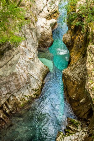 Landschaft Sloweniens. Das türkisfarbene Wasser des Soca-Flusses fließt durch den grünen Wald