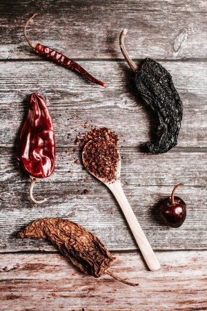 Téléchargez les photos : Paprika au piment rouge moulu et séché mexicain dans une cuillère en bois au Mexique Amérique latine - en image libre de droit