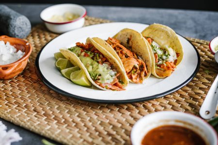 Mexican Tacos al pastor, traditional food in Mexico, top view