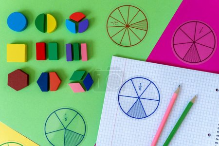 Photo for Colorful math fractions, numbers on yellow background. Interesting, fun math for kids. Education, back to school concept - Royalty Free Image
