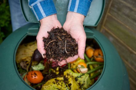 Nahaufnahme eines Mannes im heimischen Garten, der nachhaltigen Kompost aus verrotteten Haushaltsabfällen mit sichtbaren Würmern hält