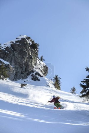Photo for Marmaros, The Carpathians, UKRAINE - March 11 2021: A skier on Black Crows skis descends a steep descent - Royalty Free Image