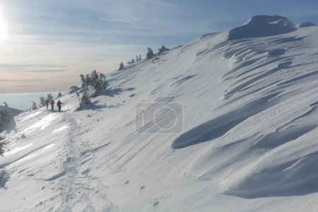 Photo for Team hikes on Alpine mountains landscape with white snow and dramatic overcast sky. Snowy weather. - Royalty Free Image