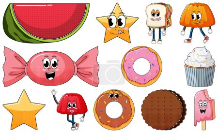 Ilustración de Set of objects and foods cartoon characters illustration - Imagen libre de derechos