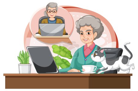 Ilustración de Mujer mayor usando el ordenador portátil en ilustración de escritorio - Imagen libre de derechos