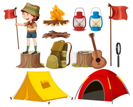 Conjunto de diferentes niños exploradores y elementos de camping ilustración