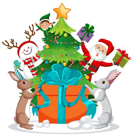 Christmas tree with cute rabbit illustration