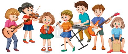 Téléchargez les photos : Enfants heureux jouant des instruments de musique illustration - en image libre de droit