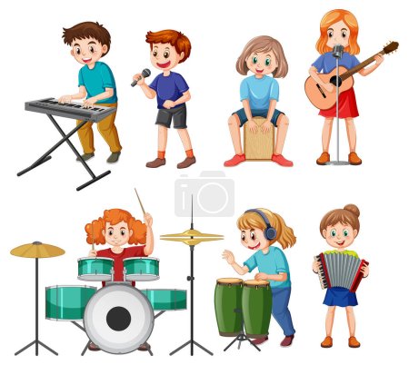 Set of kids playing different musical instrument illustration