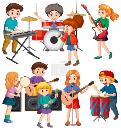 Illustration pour Ensemble d'enfants jouant différentes illustrations d'instruments de musique - image libre de droit