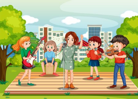 Niños tocando música en el parque ilustración