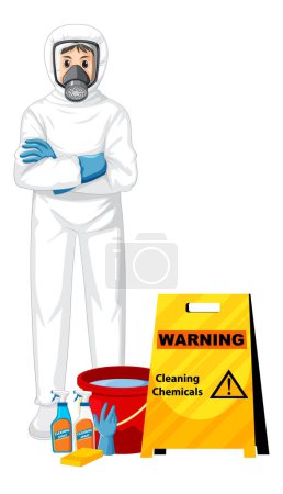 Téléchargez les illustrations : Homme en combinaison de protection Hazmat avec avertissement produits chimiques de nettoyage signe illustration - en licence libre de droit