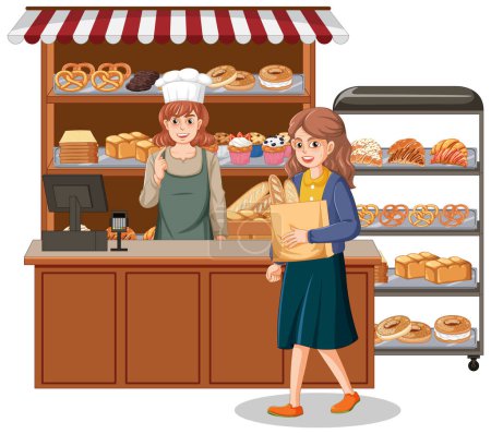 Téléchargez les illustrations : Vitrine de boulangerie avec illustration de pain et produits de pâtisserie - en licence libre de droit