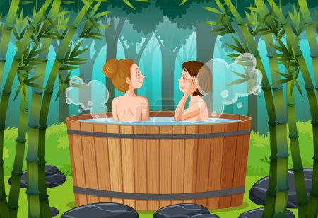 Téléchargez les illustrations : Femmes dans le bain à remous spa dans la forêt illustration - en licence libre de droit
