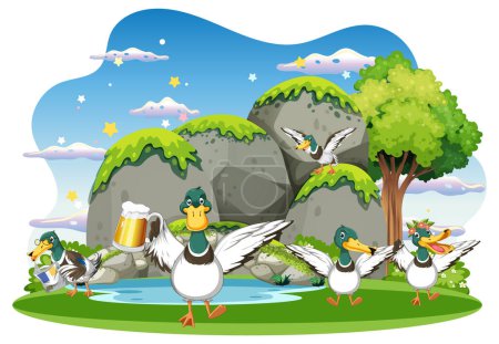 Illustration for Happy duck group in nature scene illustration - Royalty Free Image