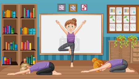 Téléchargez les illustrations : Les gens qui font du yoga dans l'illustration de scène studio de yoga - en licence libre de droit