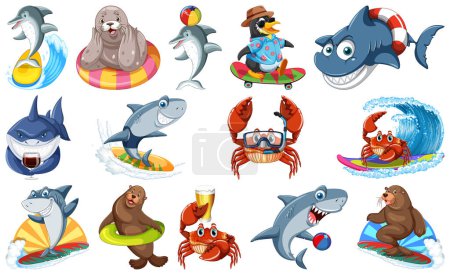 Set of various sea animals cartoon characters illustration