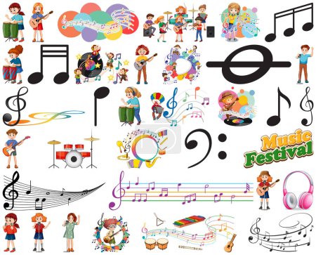 Téléchargez les illustrations : Enfants instruments de musique et symboles de musique ensemble illustration - en licence libre de droit