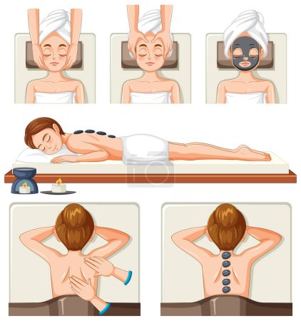 Illustration for Set of women in spa massage illustration - Royalty Free Image