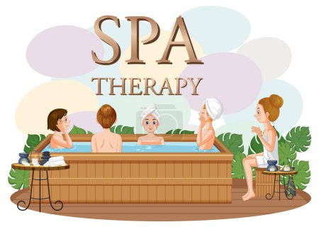 Illustration for Spa therapy text with women in hot tub illustration - Royalty Free Image