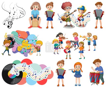 Niños instrumentos musicales y símbolos musicales set illustration