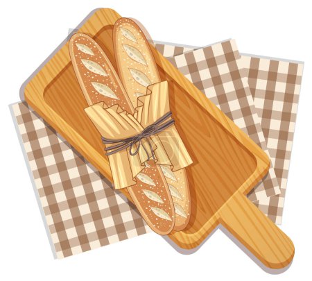 Illustration for Baguette bread on wooden tray illustration - Royalty Free Image
