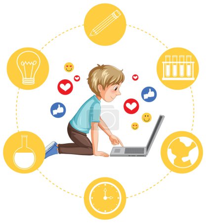 Illustration for A boy browsing social media on laptop illustration - Royalty Free Image