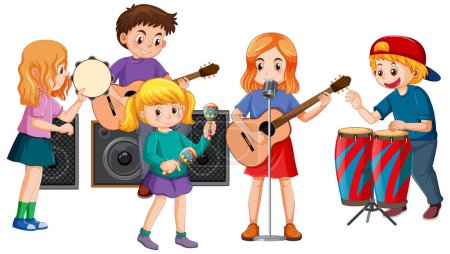 Children playing different musical instruments illustration