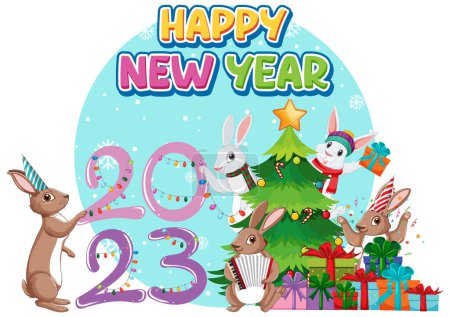 Illustration for Happy New Year text with cute rabbit for banner design illustration - Royalty Free Image