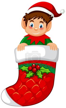 Illustration for Elf in Christmas sock cartoon character illustration - Royalty Free Image