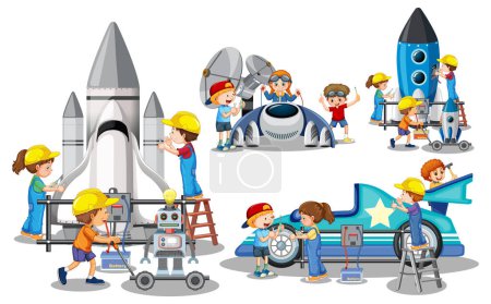 Ilustración de Conjunto de ilustración de niños ingenieros - Imagen libre de derechos