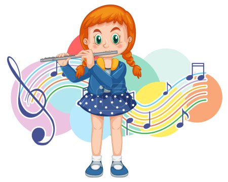 Illustration for A girl playing flute cartoon illustration - Royalty Free Image