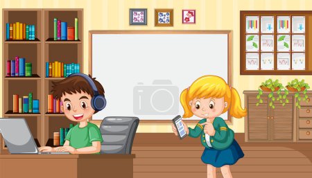 Illustration for Children using technology devices at home illustration - Royalty Free Image