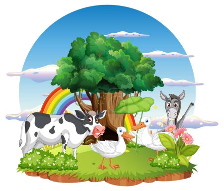 Téléchargez les illustrations : Cute animal cartoon character in ourdoor scene isolated island illustration - en licence libre de droit
