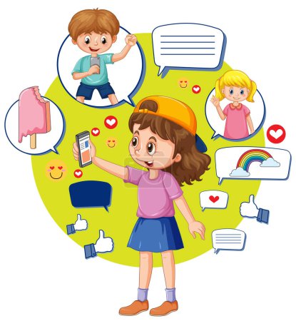 Ilustración de Niños navegando por las redes sociales usando ilustración telefónica - Imagen libre de derechos