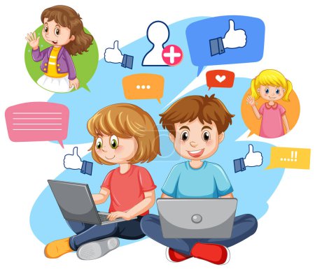 Ilustración de Niños usando computadora portátil para ilustración de aprendizaje en línea - Imagen libre de derechos