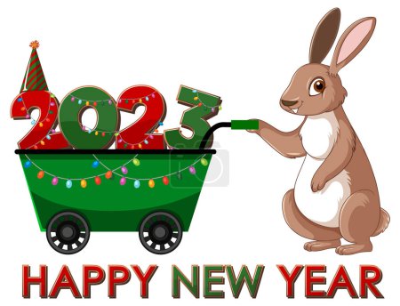 Ilustración de Feliz Año Nuevo texto con conejo lindo para la ilustración de diseño de banner - Imagen libre de derechos