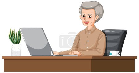 Téléchargez les illustrations : Vieil homme utilisant un ordinateur portable sur l'illustration du bureau - en licence libre de droit