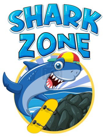 Téléchargez les illustrations : Shark zone icon with shark cartoon character illustration - en licence libre de droit